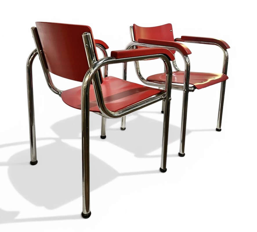 S 545 RP pair of Bauhaus red tubular armchairs 