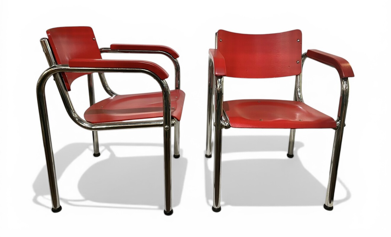 S 545 RP pair of Bauhaus red tubular armchairs 