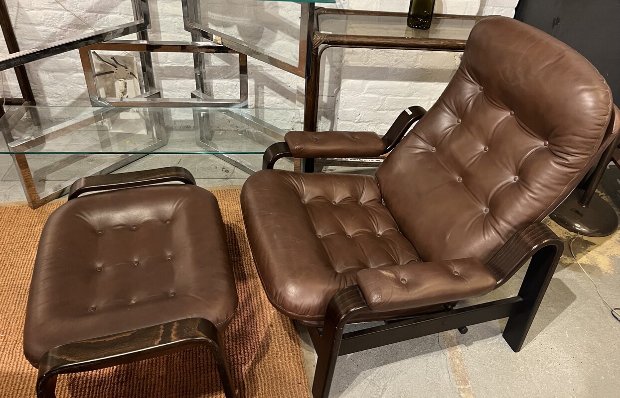 S 844 JC Leather Swedish lounge chair with ottoman, 1970’s