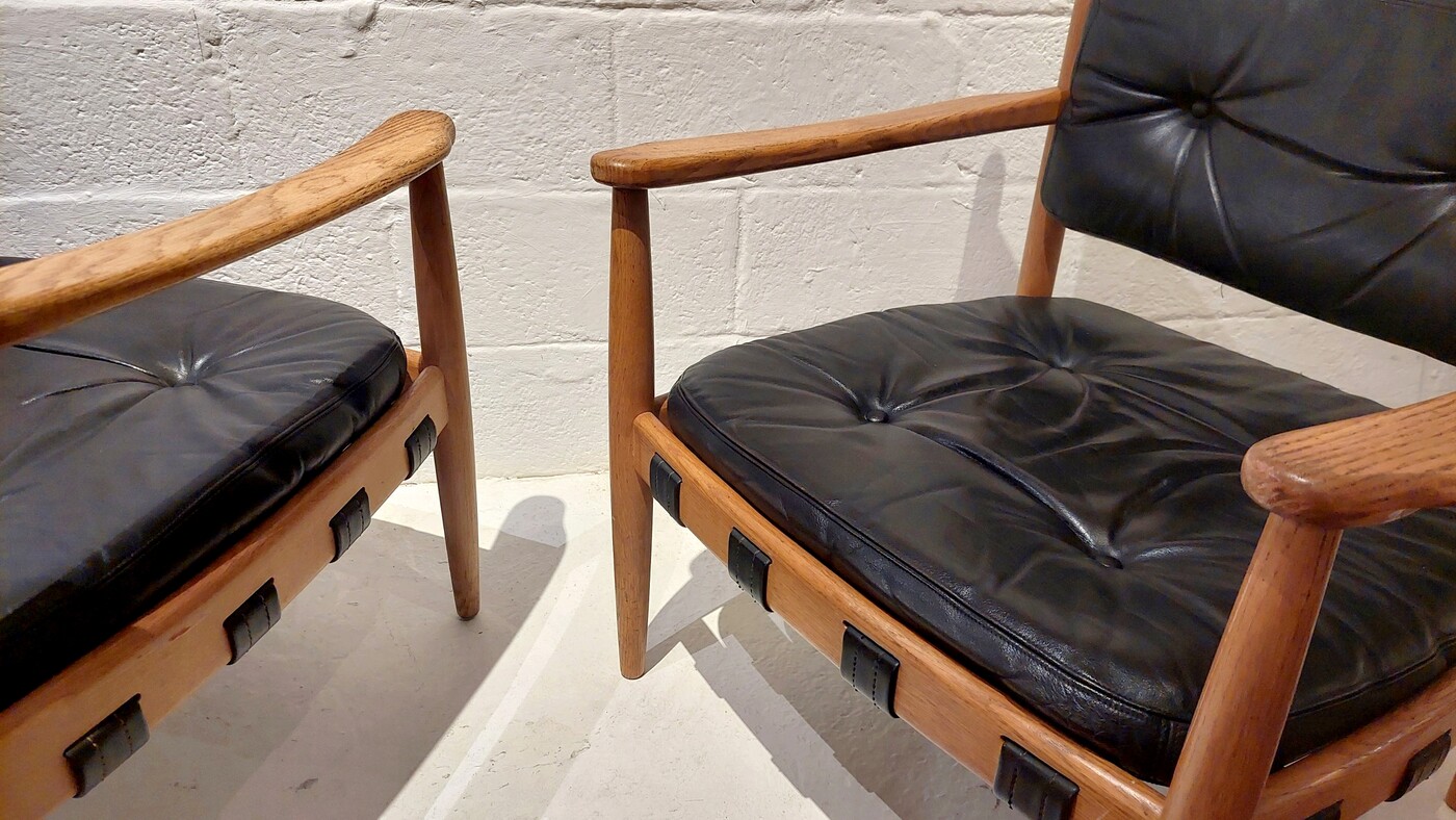 S169 JC Pair leather and oak club chairs by Arne Norell 1960s