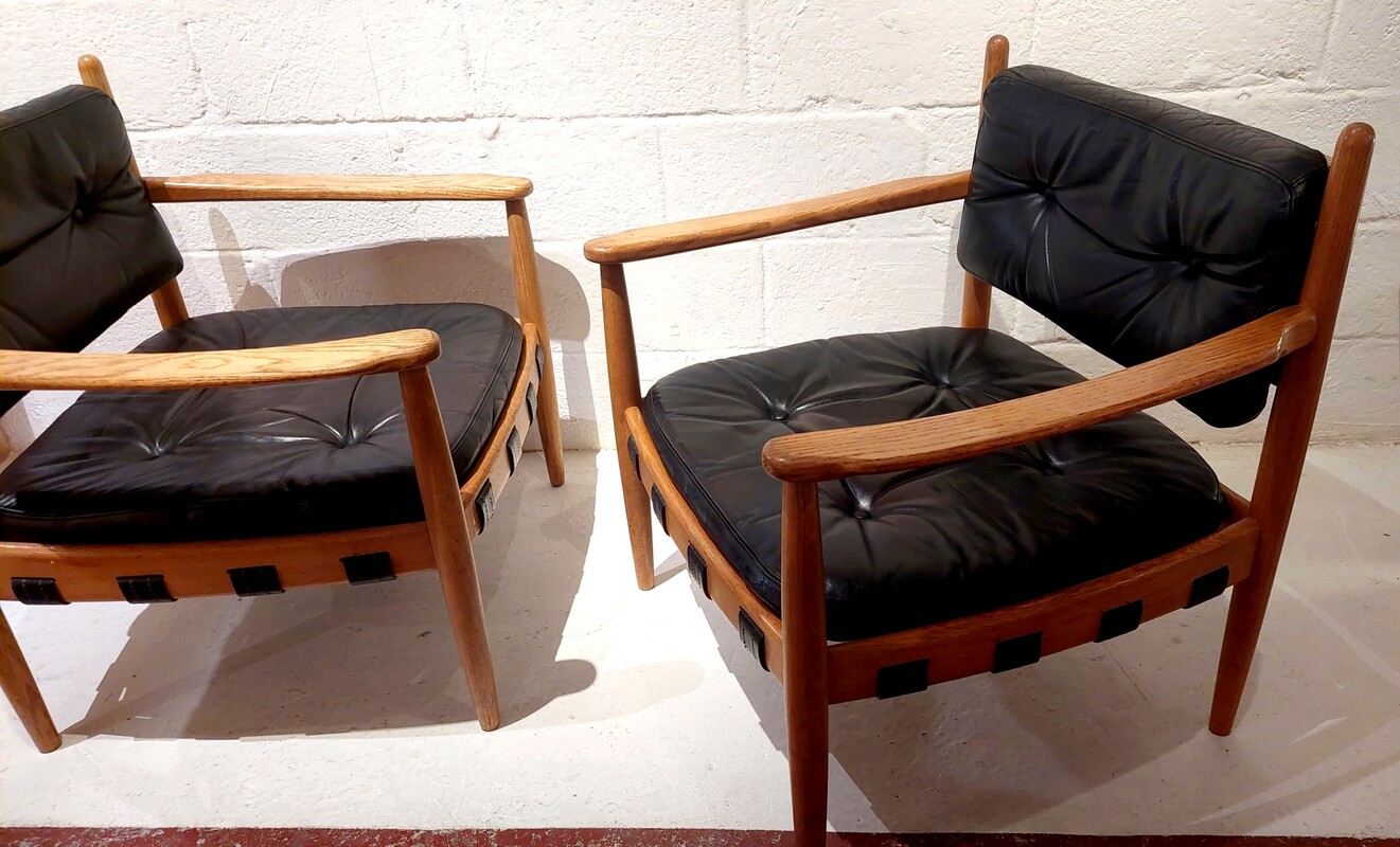 S169 JC Pair leather and oak club chairs by Arne Norell 1960s